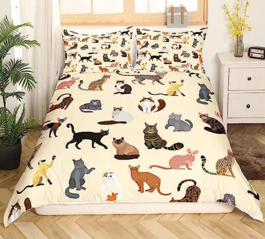 Мультяшный набор пододеяльников с кошкой, размер Queen King, милый принт с животными, постельное белье, подходит для декора комнаты мальчиков и девочек, подарок, набор из 3 предметов