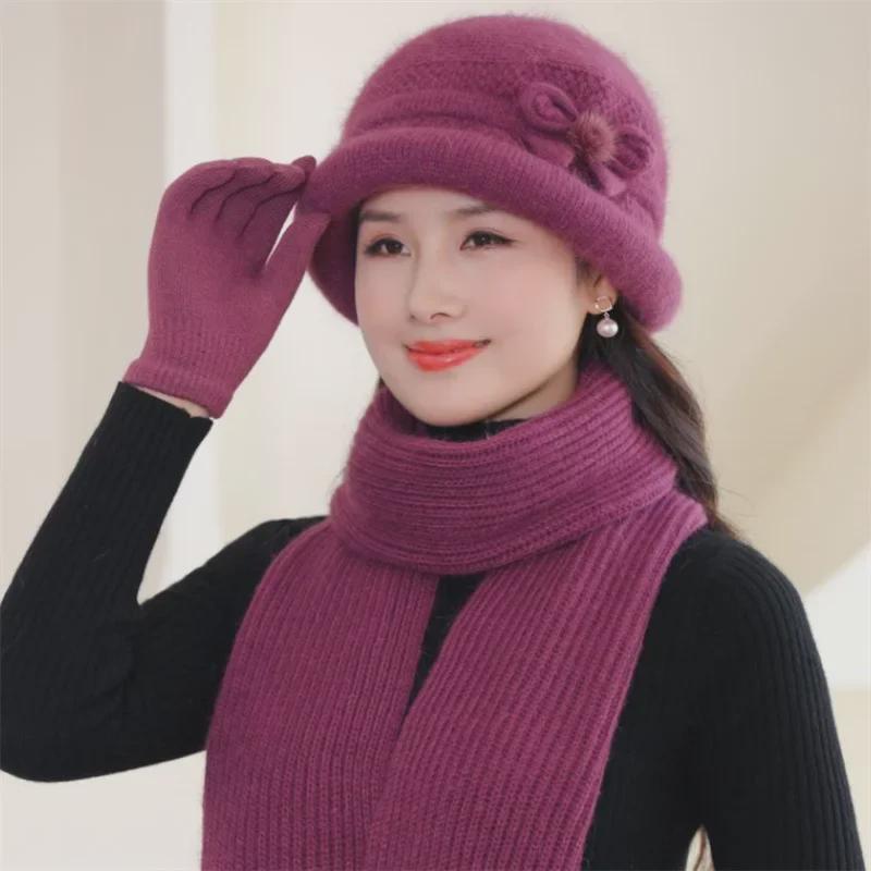 Women's Trendy Korean Style Knit Rabbit Fur Hat and Thick Scarf Set for Autumn/Winter
