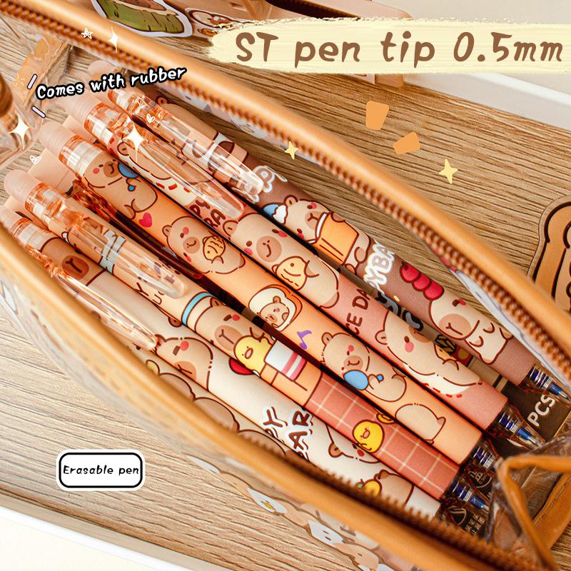 6 шт. милых гелевых ручек Capybara, набор ручек Kawaii, быстросохнущие синие стираемые ручки, офисные школьные принадлежности, эстетические канцелярские принадлежности Kawaii