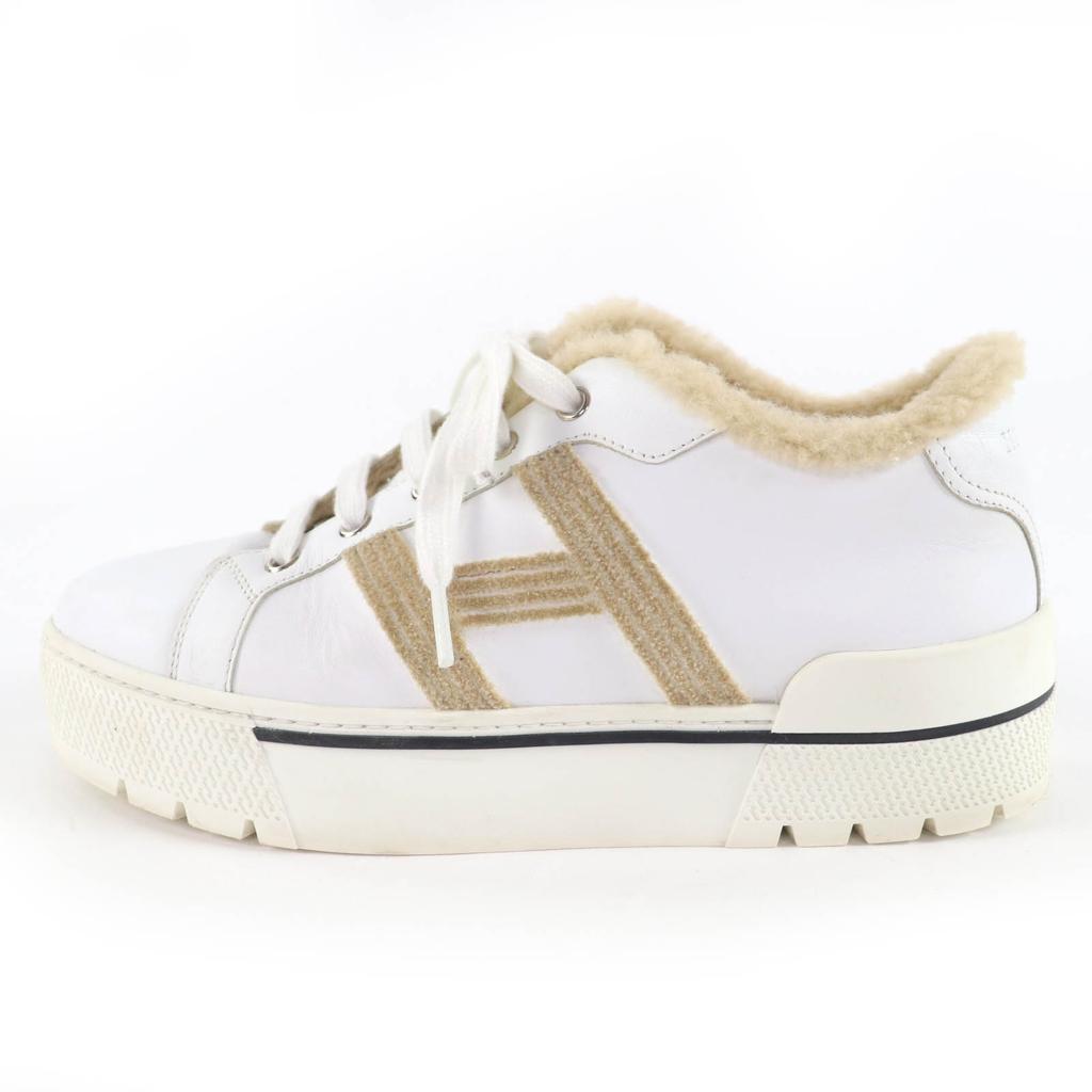 Great HERMES Low cut sneakers Dare H logo design mouton leather White beige 38 Used