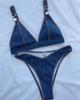 Swimwear Womens Solid Denim Blue Buckle High Waist Sexy Bikini Set Beachwear Bathing Suits