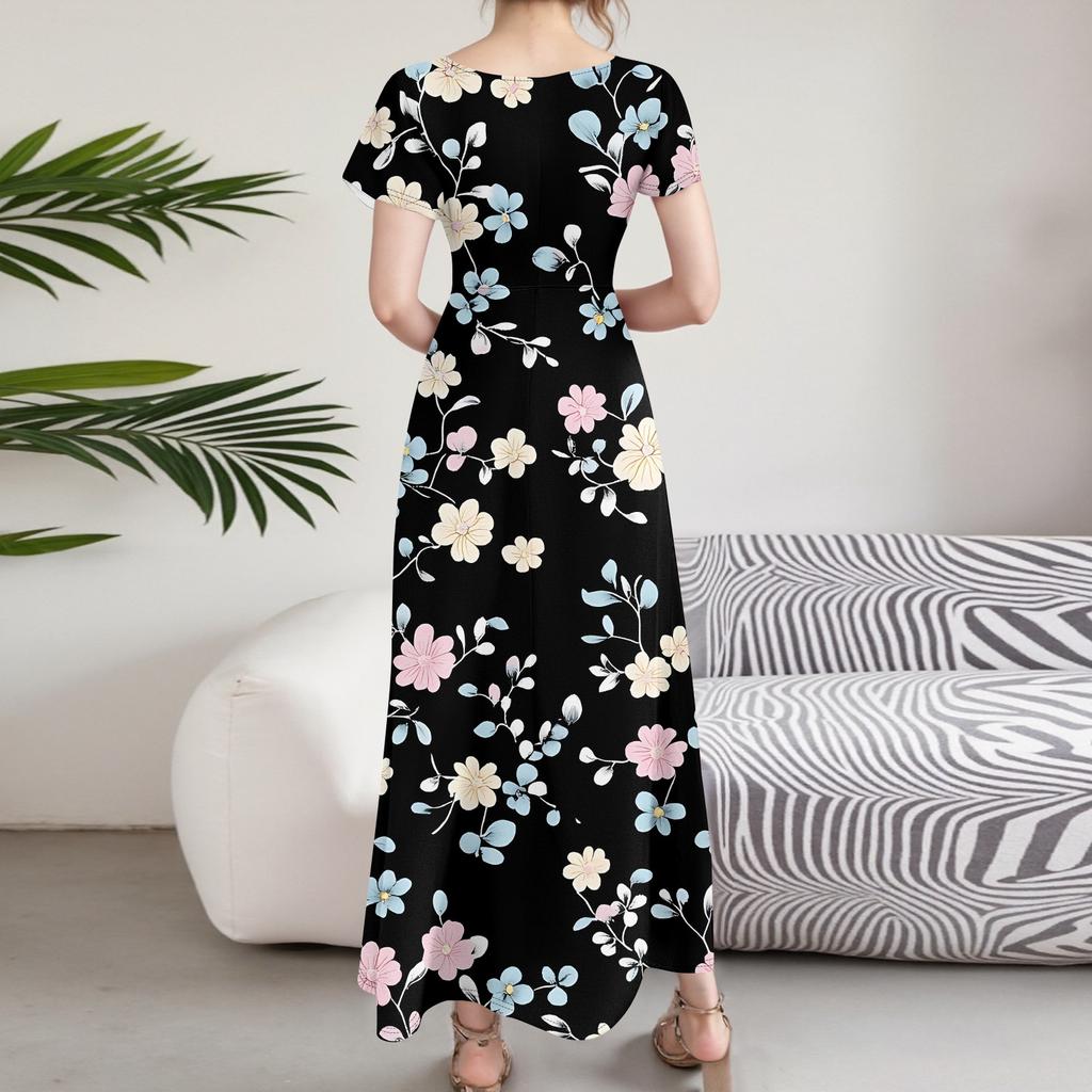 Женские повседневные модные длинные платья с принтом, платья с V-образным вырезом и коротким рукавом