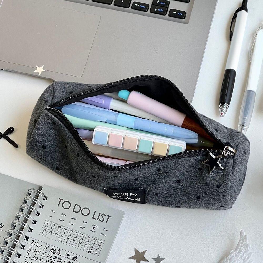 Polka Dot Pencil Case Gray Stationery Bag High Quality Pencil Pouch School Supplies