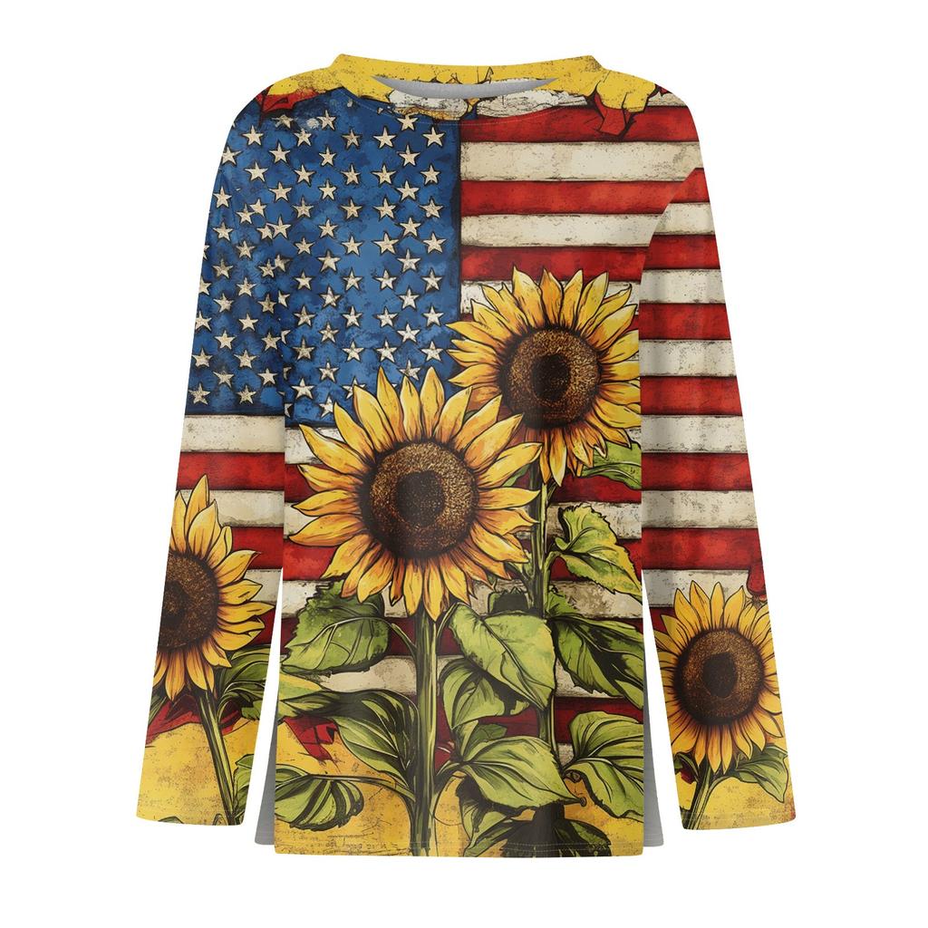 Women's Fashion Slit Hem Independence Day Printed Round Neck Long Sleeve Top