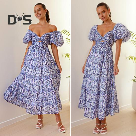Женское вечернее платье с рукавами-пузырьками и глубоким вырезом с открытыми плечами, красочный принт, трапециевидной формы с большим подолом, лоскутное платье, плиссированное пляжное платье макси для отпуска