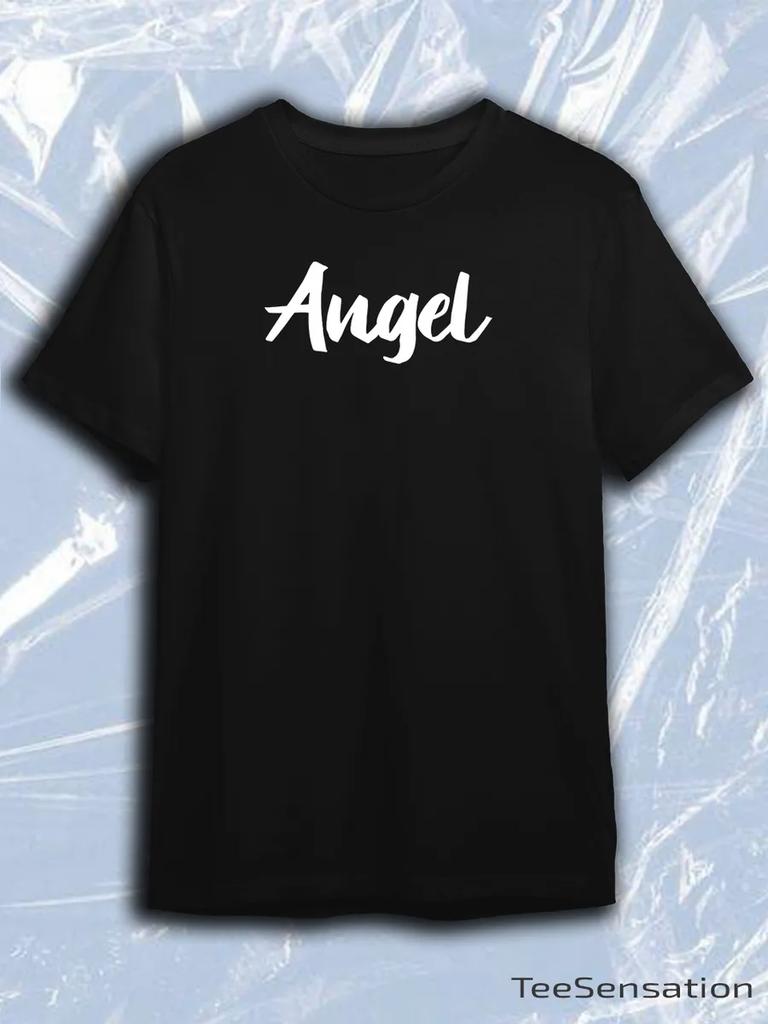TeeSensation Black Crew Neck Short Sleeve T-Shirt with White Angel Script Text Print