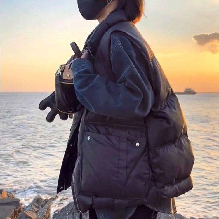 Глянцевый пуховый жилет без стирки для женщин - Осень/Зима, воротник-стойка, без рукавов, модная верхняя одежда