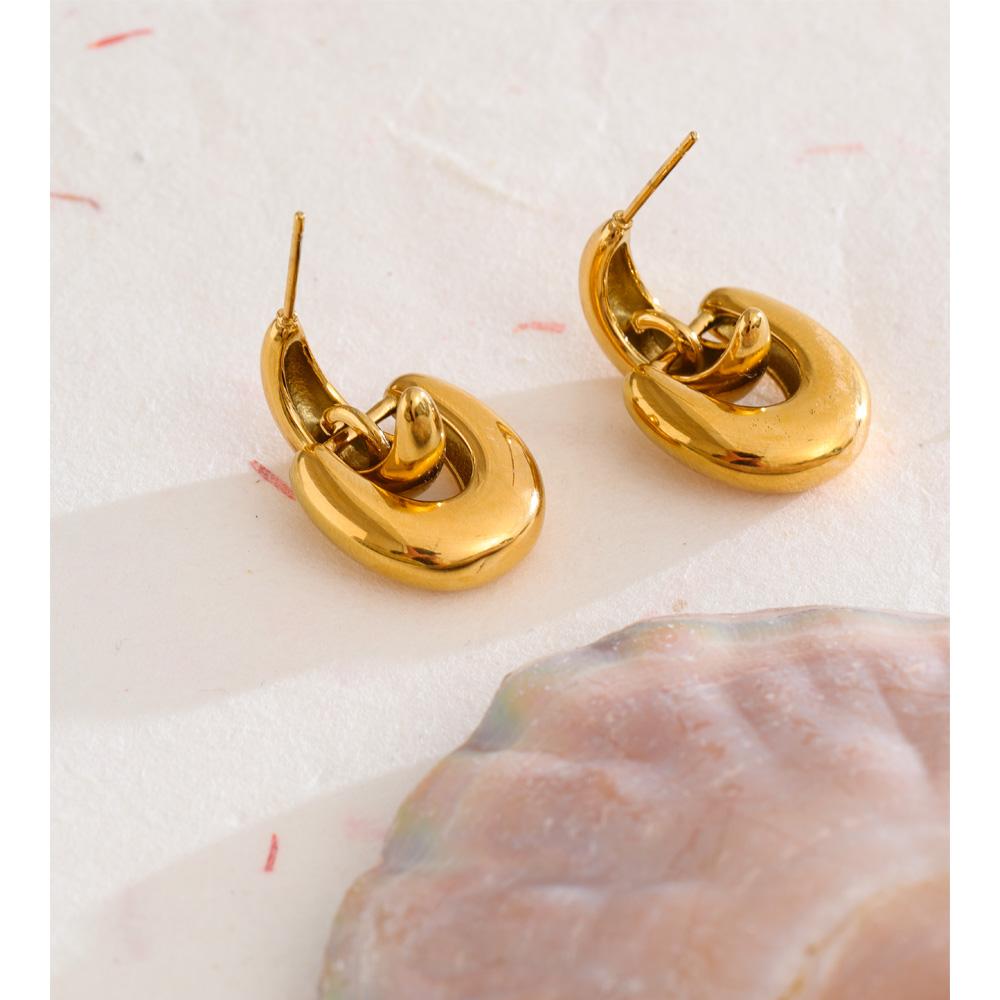 Yhpup Stainless Steel U-Shape Statement Earrings 18K Golden PVD Plated Texture Metal Daily Waterproof Jewelry Accessories