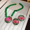 Vintage Light Luxury Emerald Inlaid Diamond Jewelry Set: Statement Round Stud Earrings & Clavicle Necklace