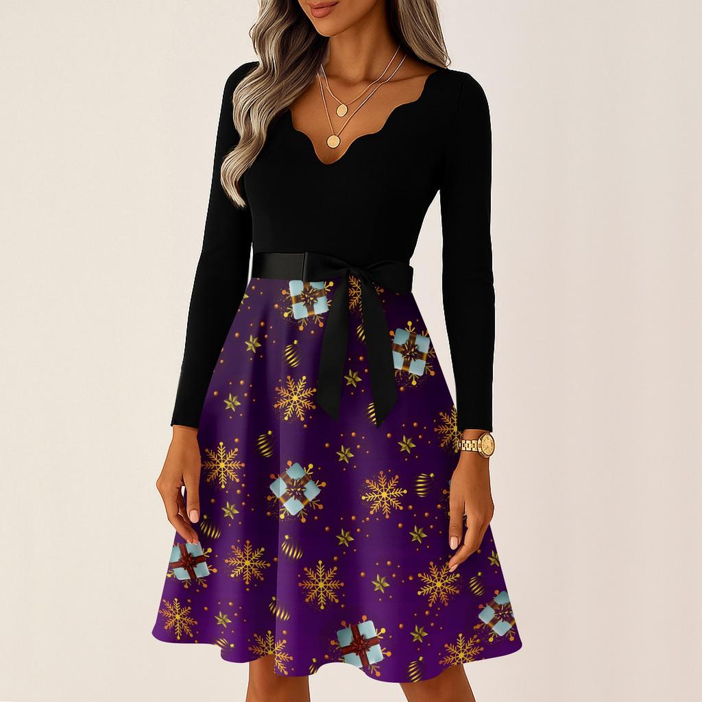 Женские повседневные модные длинные платья с рождественским графическим принтом и длинными рукавами в винтажном стиле