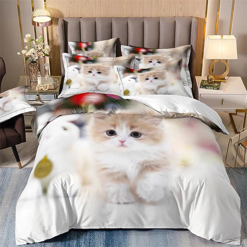 Cute Kitten Bed Cover Full Set For Girls, Single Bedding Set, Microfiber Quilt Cover With Pillowcases, Cute Little Kitten, 135x2