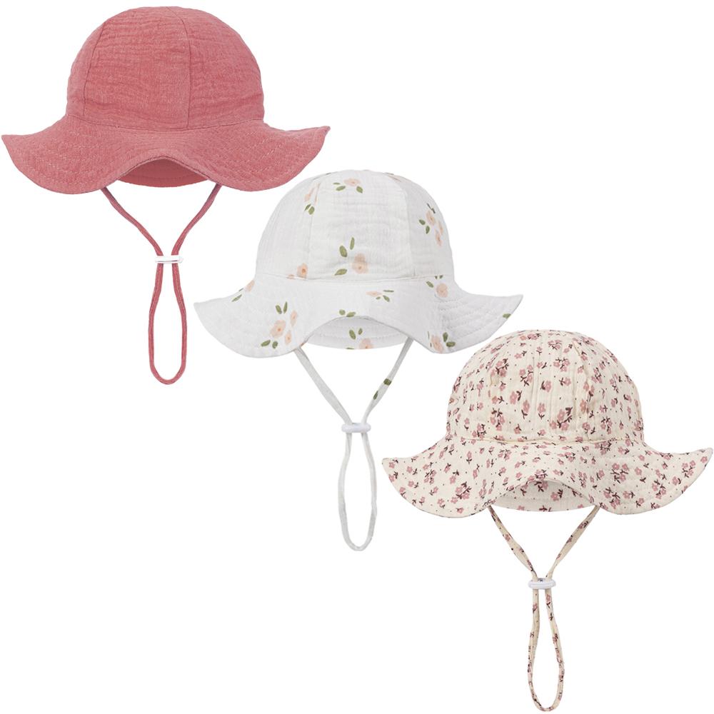 0-12M Floral Print Baby Bucket Hats Adjustable Solid Caps Infant Boys Girls Sunscreen Outdoor Beanies Beach Fishing Headwraps