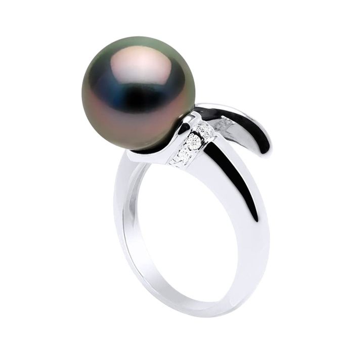 Bague - Pearls & Colors - Prestige - Perle de Culture de Tahiti 10-11 mm Ronde - Or Blanc 750/1000 - Qualité A+ - Diamant - Femme