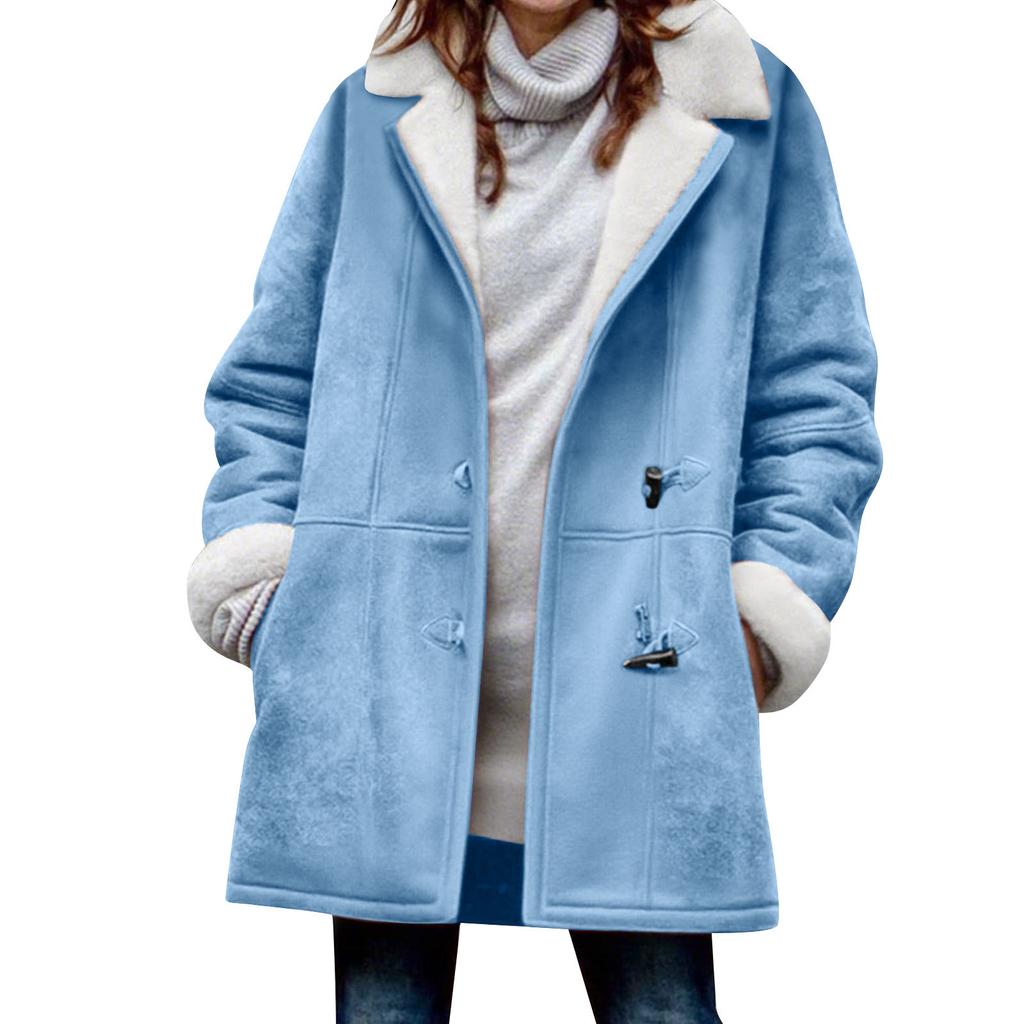Women's Fashionable Coat Solid Color Long Sleeved Pocket Loose Button Plush Jacket