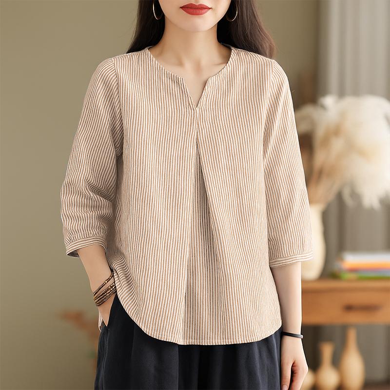 ZANZEA Women Casual V-Neck 3/4 Sleeve Loose Stripe Blouse