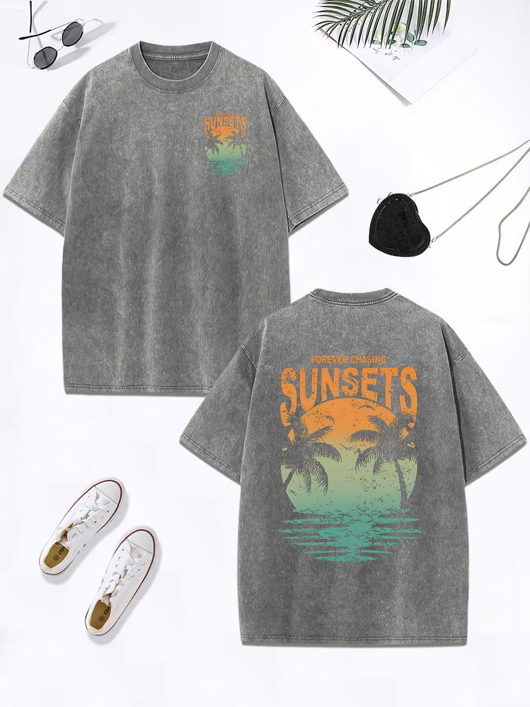 Forever Chasing Sunsets Coconut Tree Prints Washed TShirt Women Cotton Oversized Tops ONeck Distressed T Shirt Casual Clothes