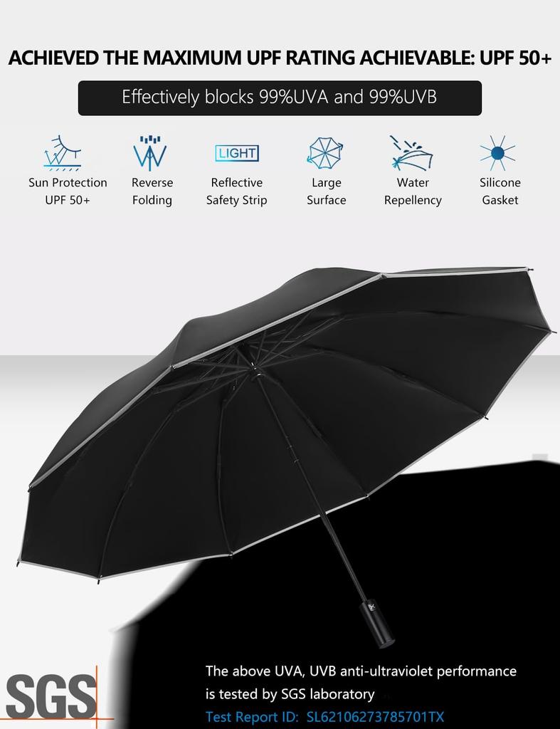 Зонт XIXVON Umbrella Pro UPF UV Reflective Safety Rugged Travel Automatic Reverse Folding Zone (10 ребрышек, черные) 50+ 99% защиты, полоска, ветрозащита,