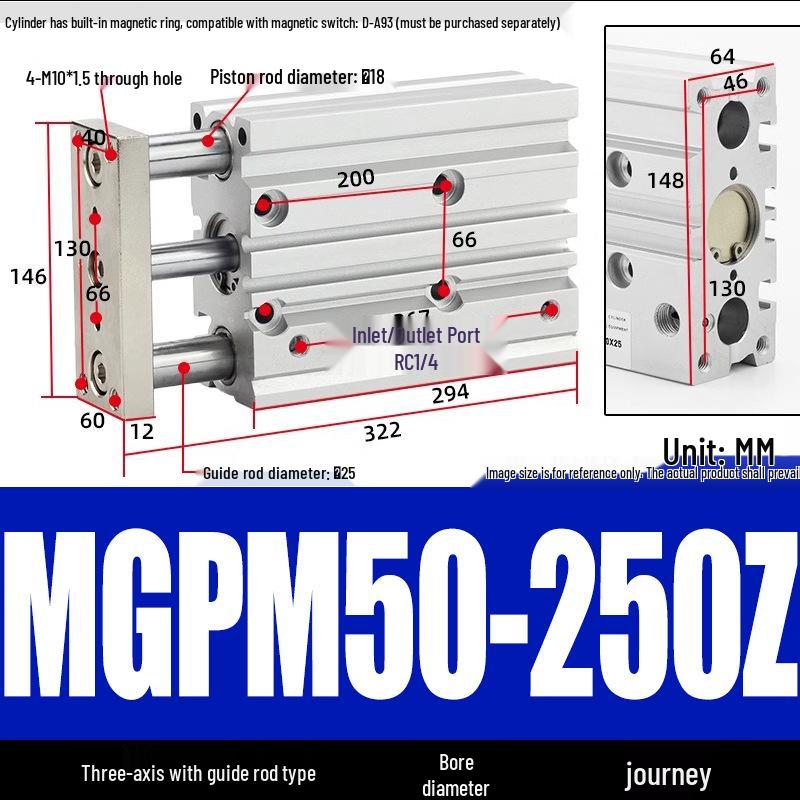 Compact Three-Axis Pneumatic Guided Rod Cylinder 12/16/20/25/32-10/20/40/50/75z