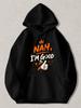 Black Pullover Hoodie with "NAH I'M GOOD" Graphic Orange Crown and Thumbs Up Design Casual Streetwear Sweatshirt for Daily Wear