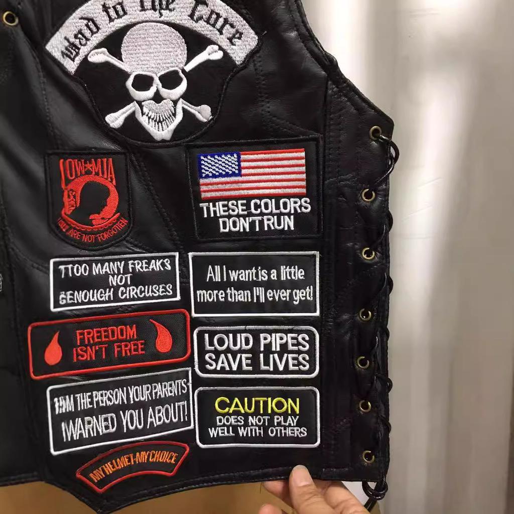 Американский жилет Harley, кожаный жилет, жилет для езды на велосипеде 42 вышитых значка, мужской кожаный жилет