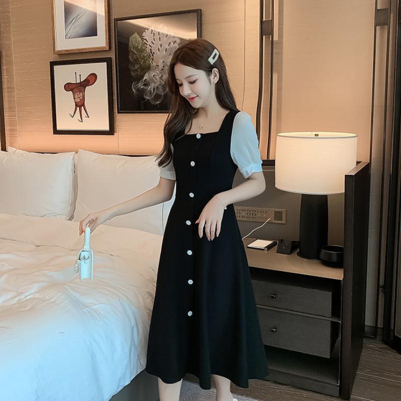 Черное платье в корейском стиле, женские винтажные платья миди с квадратным воротником и длинными рукавами Kpop, модные осенние халаты женские