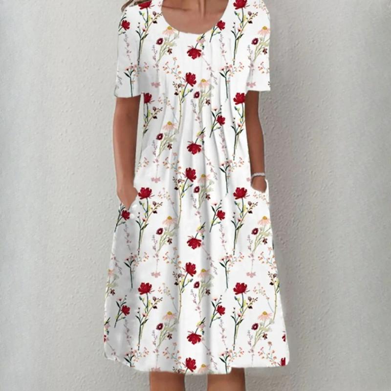 QICED Женская мода лето весна однотонный принт с коротким рукавом и круглым вырезом с высокой талией повседневные платья