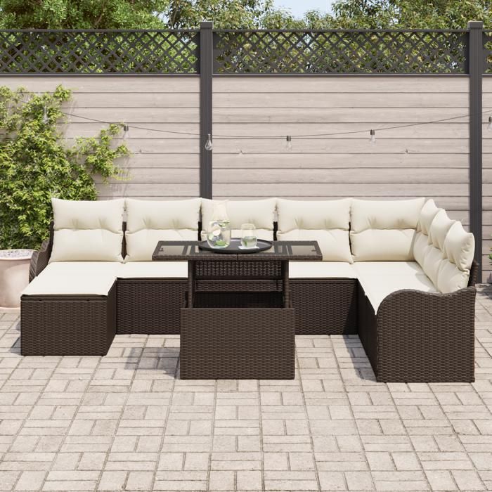 9-piece Garden Sofa Set with Brown Poly Rattan Cushions, 2-seater Garden Sofa with Cushions 3348514