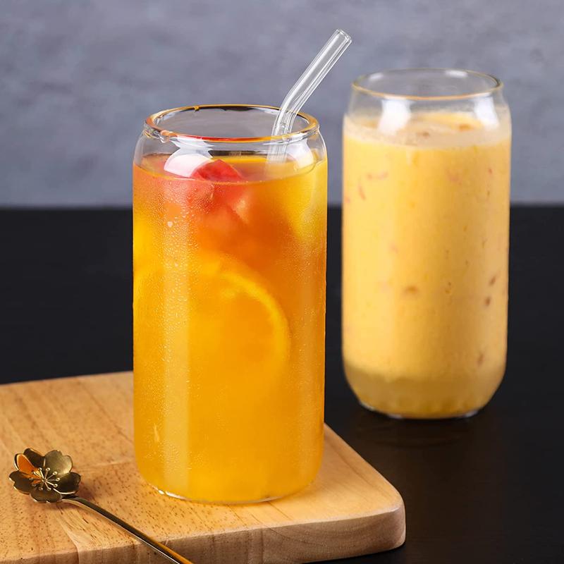 2Pcs 550ml Glass Cup Can Shaped Drinking Glasses Iced Coffee Cup Bubble Tea Mug Beer Tumbler Juice Milk Beverage Cup with Straws