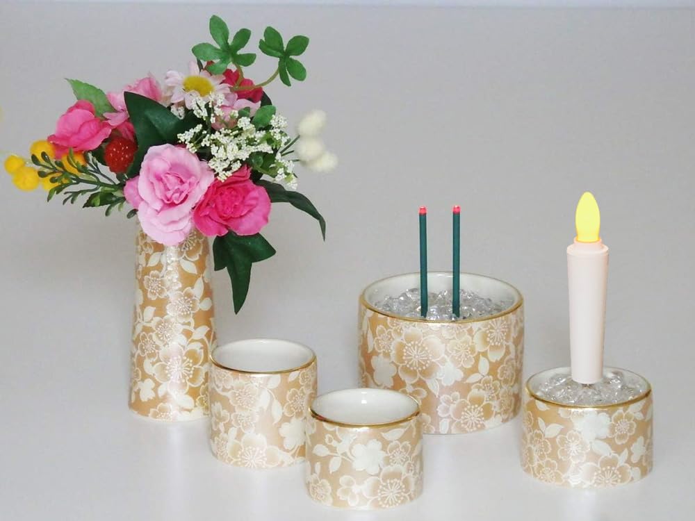 Ceramic Modern Buddhist Altar Fittings Yuika 5 Pieces Timer Type LED Combination Candle with Flickering Light LED Incense Stick with Buddha Flower and