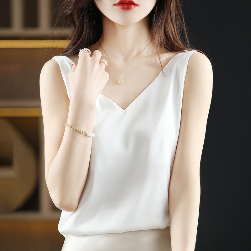 Женская летняя шелковая майка, атласный топ с V-образным вырезом, уникальный базовый слой.