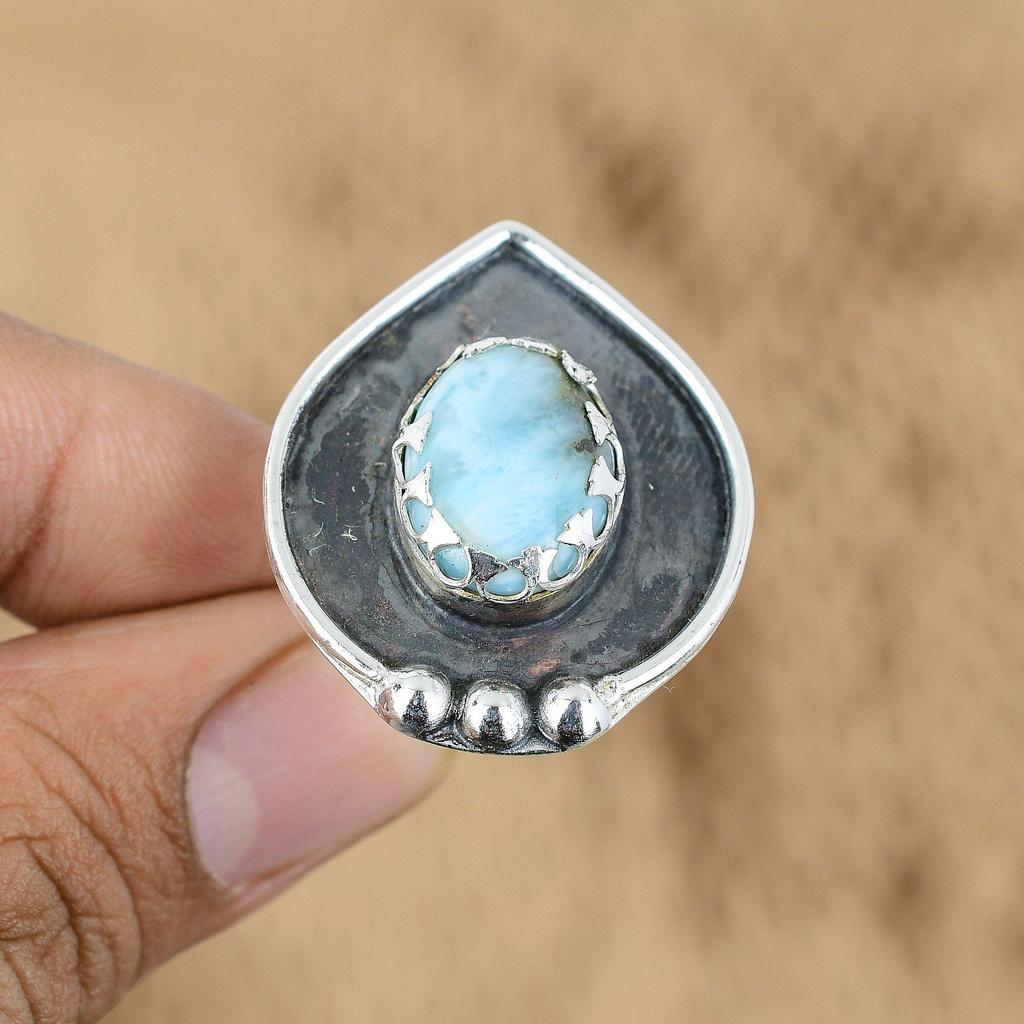Natural Larimar Gemstone 925 Sterling Silver Promise Adjustable Ring For Girls