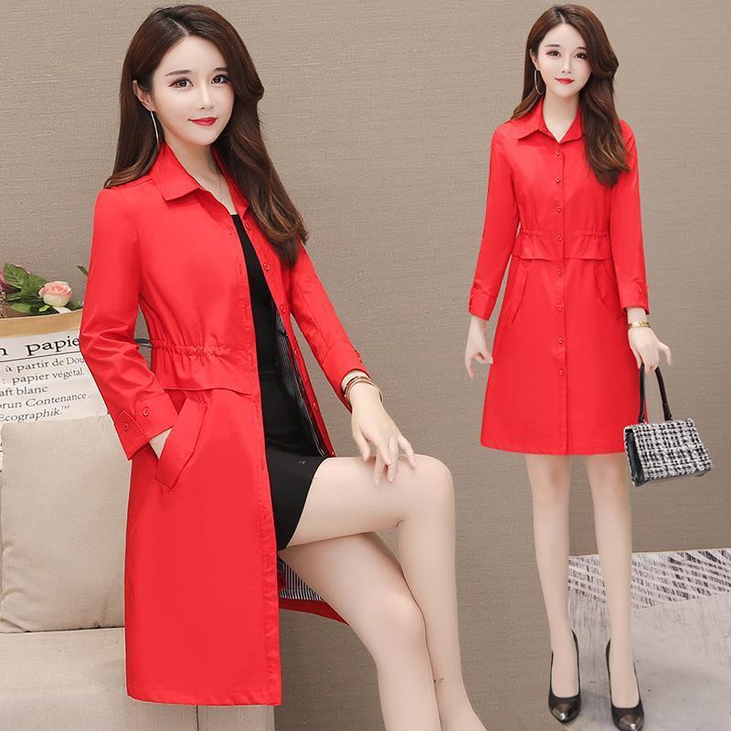 Spring and Autumn Windbreaker Mid-length Double Style Solid Color Slim-fitting Waist Large Size Slimming All-match Jacket Women