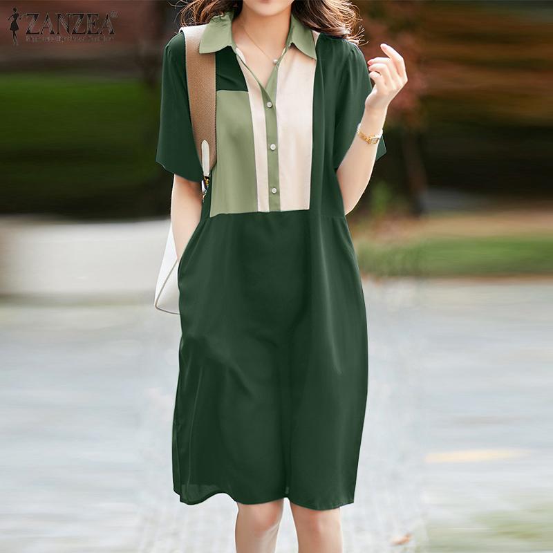 ZANZEA Женское повседневное лоскутное платье с отложным воротником и коротким рукавом