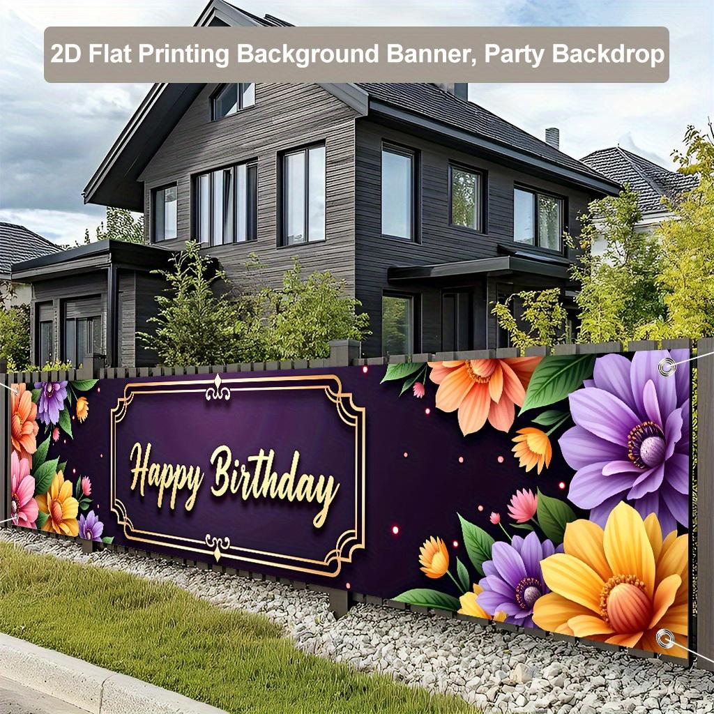 Happy Birthday Party Banner, Floral Golden Accents Design, 78.74x17.72in Polyester Outdoor Indoor Celebration Decoration