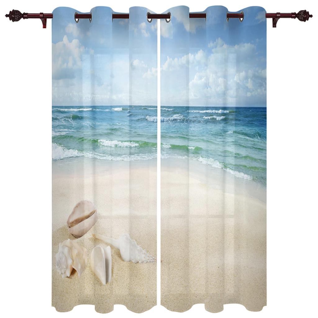 Windows Sea Beach Blue Sky White Clouds Luxury Home Curtains Modern Home Supplies Living Room Bedroom Custom Curtains