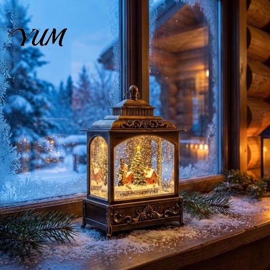 Christmas Snow Lantern Ball Lantern, Vintage Santa Claus/Tree/Reindeer Water Swirling Desktop Music Box Light Holiday Night for Window Entryway