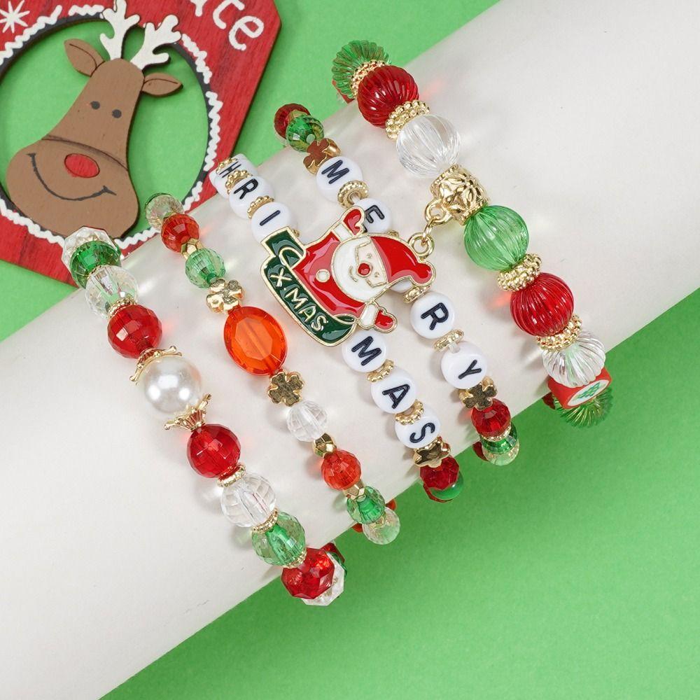 5Pcs Snowman Christmas Bracelet Multi-Layer Stacking Rope Chain Bangle Beaded Bracelet Gifts