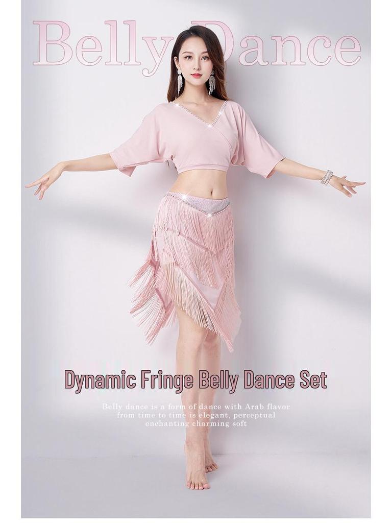 Летний комплект с V-образным вырезом и юбкой с кисточками для танца живота 2025 - Сексуальный восточный костюм для выступлений для женщин