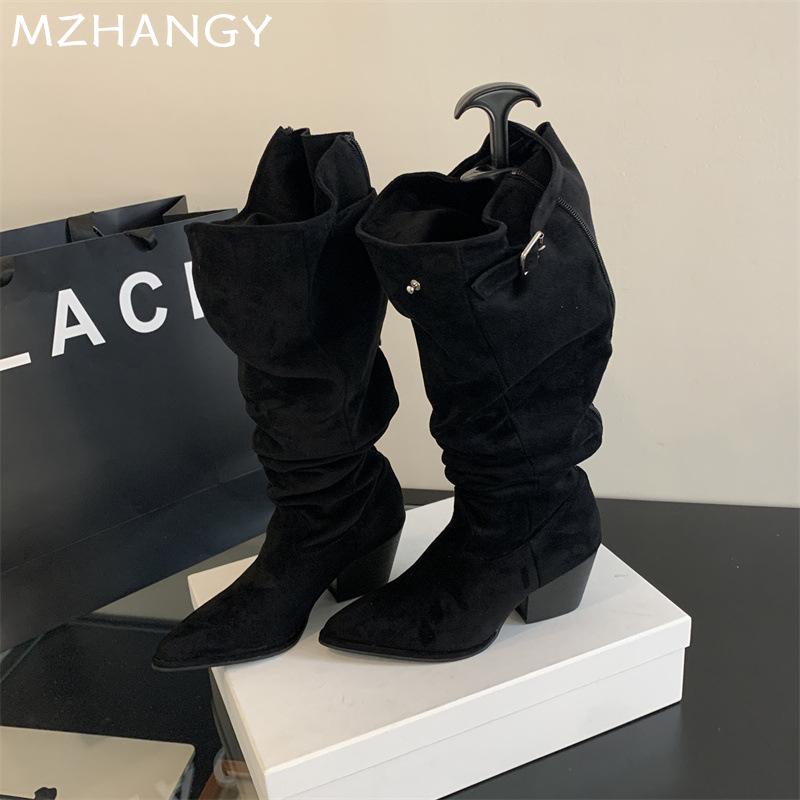 Замшевые сапоги с острым носком, высокие сапоги на среднем каблуке, дизайнерские массивные туфли, женские, тренд 2024 года, вестерн-ботинки «Челси», туфли-лодочки, новые женские ботинки