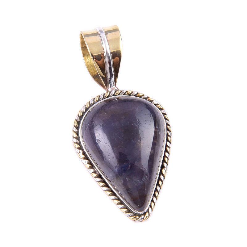 Natural Iolite Gemstone 925 Solid Sterling Silver Two Tone Pendant 1.25'' s0J09