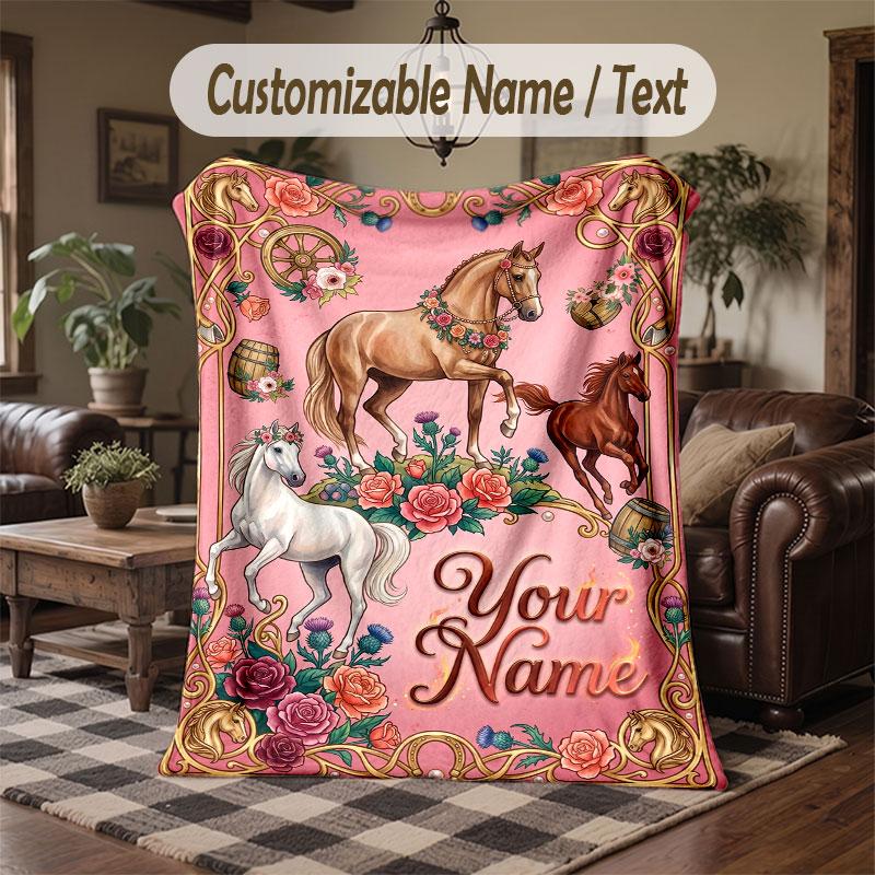Horse Theme Throw Blanket Custom Name Text Personalized Blanket Soft Cozy Blanket for Home Sofa Bed