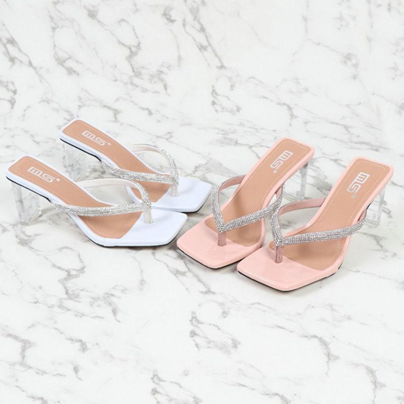 2025 Новые универсальные шлепанцы с открытым носком и бриллиантами, удобная мягкая подошва, толстый высокий каблук для женщин