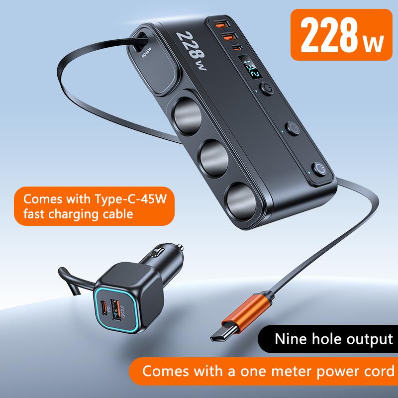 SEAMETAL Автомобильный адаптер-зарядное устройство USB C 9 в 1 228 Вт QC3.0 с PD45W, телескопическим кабелем, светодиодным дисплеем напряжения 12 В/24 В
