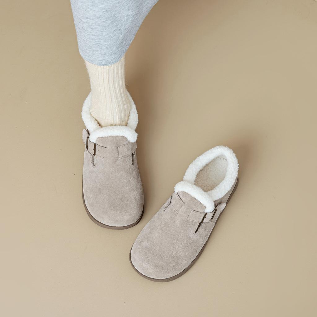 Кожаные женские зимние бархатные на толстой подошве туфли-однопедальки теплые хлопковые туфли