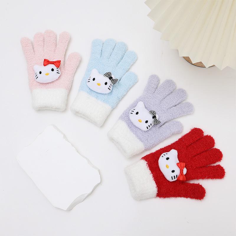 Cute and Cute Color Matching Kai T Cat Five Finger Gloves Autumn and Winter Warm and Thickened Writing Finger Gloves for Boys and Girls