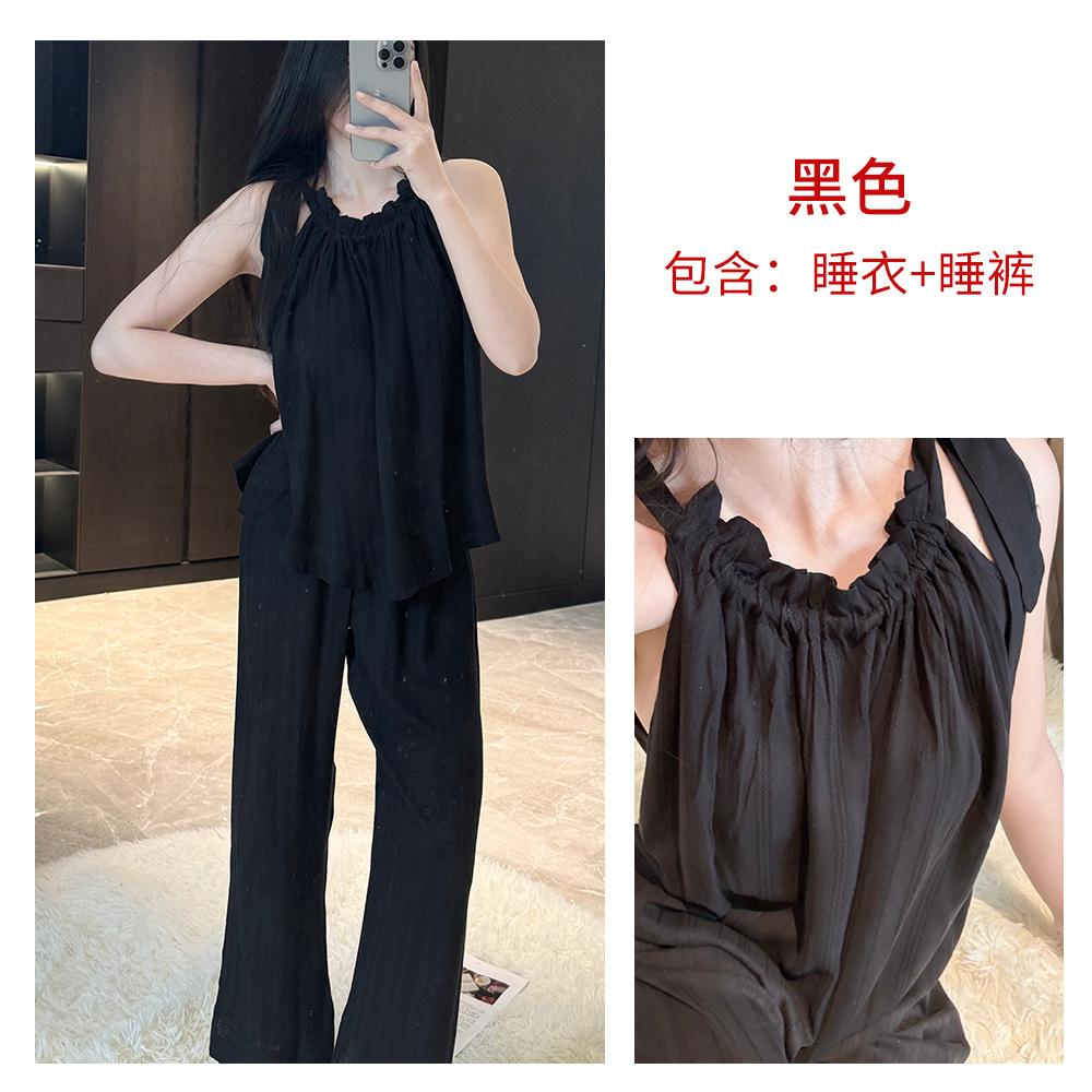 Light luxury spring and summer fashion loose bow sleeveless pajamas set straps with chest pads loungewear premium pajamas