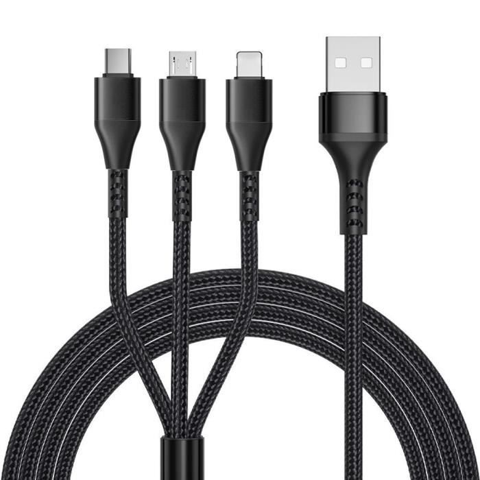 Câble de Charge 3 en 1 - E.F.CONNECTION - Nylon Tressé 1,2 Mètre Noir