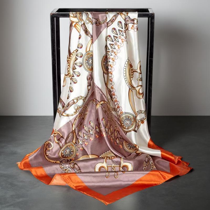 90cm Neck Scarf Satin Women Decorated Floral Print Shawl Square Scarves Fashion Accessories