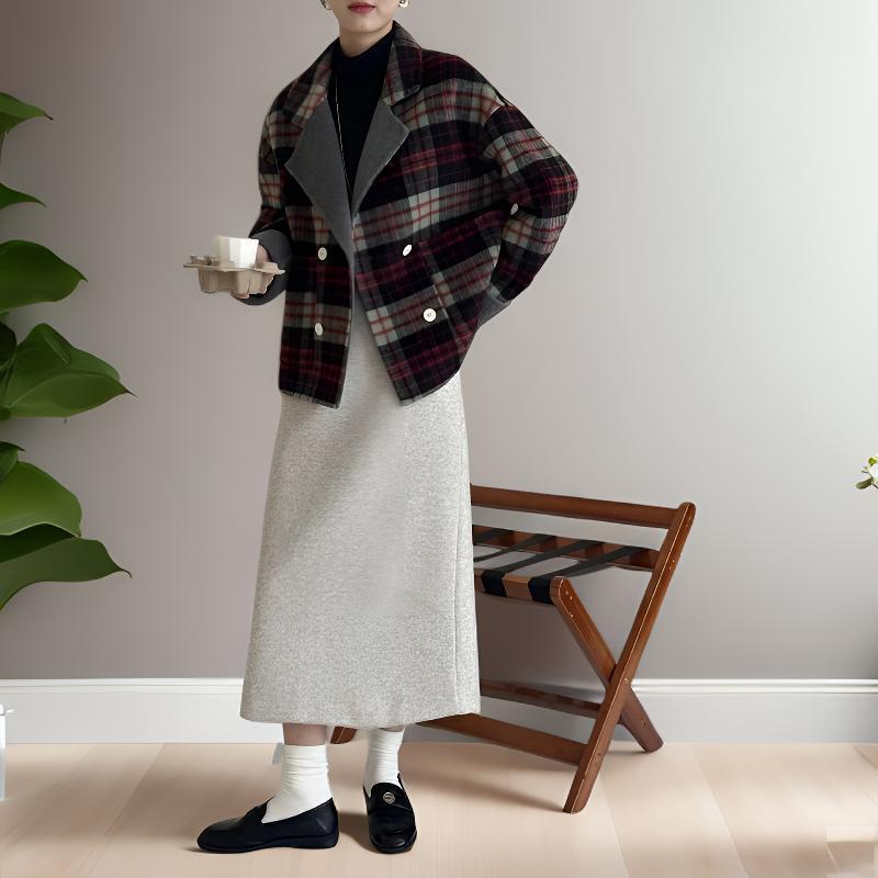 Empress Dowager Cixi Women's Double-Sided Cashmere Scarf Coat - Plaid Wool Outerwear for Autumn/Winter