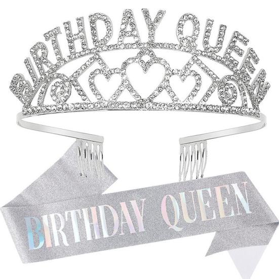 Birthday Queen Tiara Sash Set Rhinestone Cown Comb Happy Birthday Sash Festive Headwear for Women Party Decor